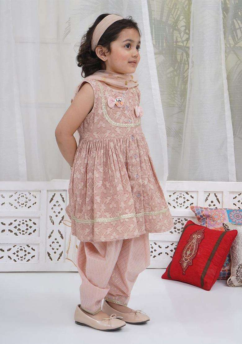 Brown Embroidered Cotton Kurta Set For Girls - Indya