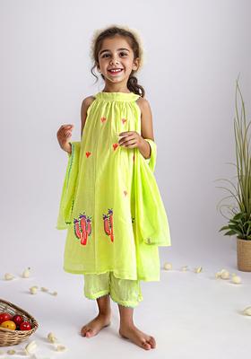 Lime Green Printed Cotton Kurta Set For Girls