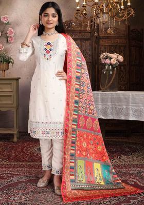 Off White Embroidered Silk Kurta Set For Girls