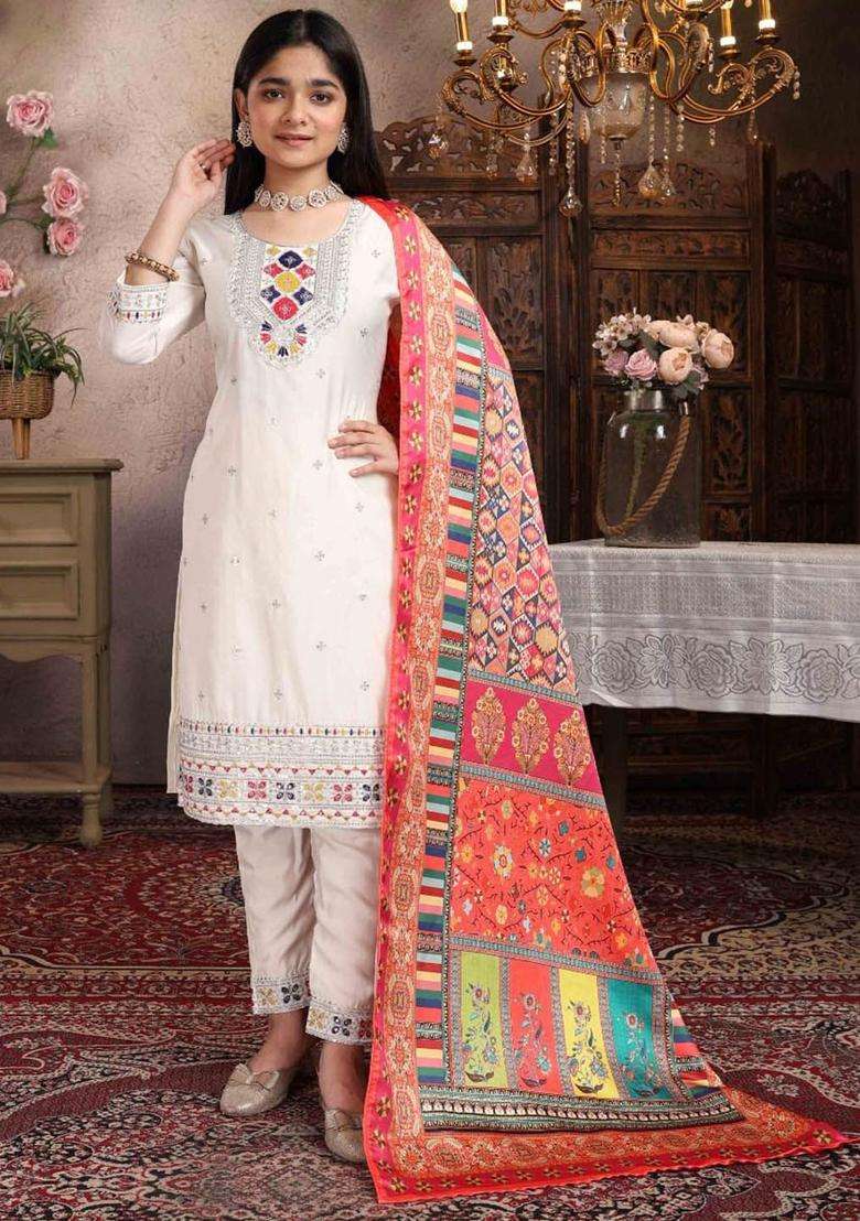 Off White Embroidered Silk Kurta Set For Girls - Indya