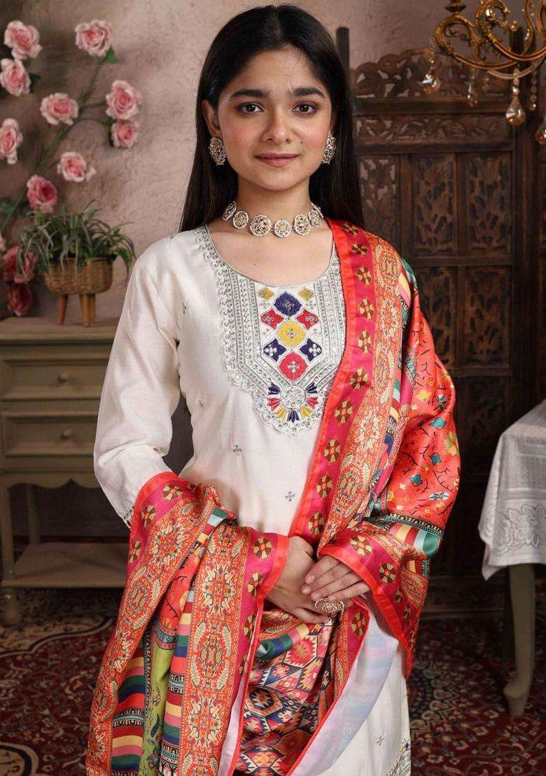 Off White Embroidered Silk Kurta Set For Girls - Indya