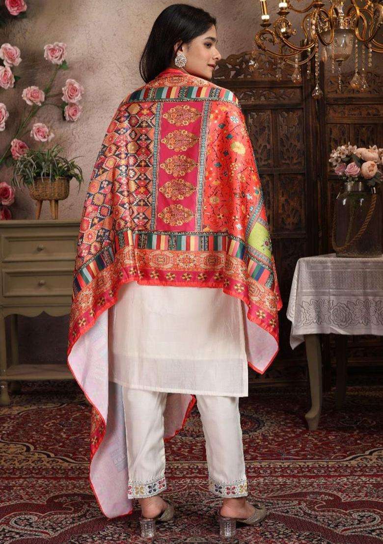 Off White Embroidered Silk Kurta Set For Girls - Indya