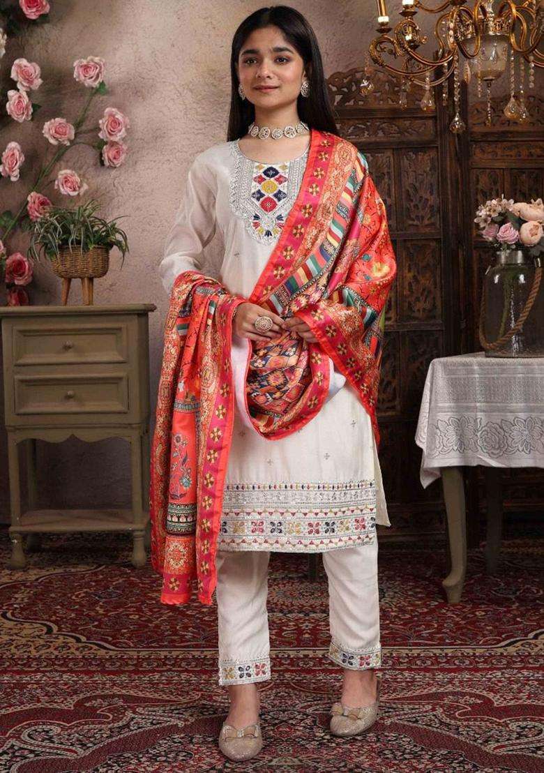 Off White Embroidered Silk Kurta Set For Girls - Indya