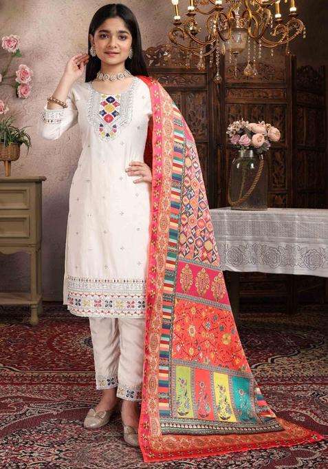 Off White Embroidered Silk Kurta Set For Girls