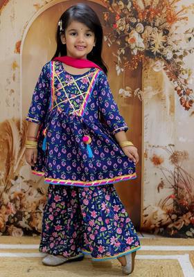 Navy Blue Printed Cotton Kurta Set For Girls