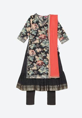 Black Printed Chanderi Kurta Set For Girls