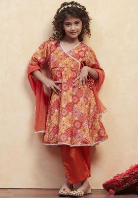 Orange Printed Polyester Kurta Set For Girls
