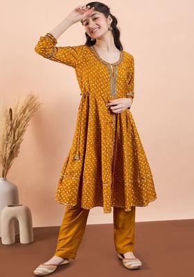 Yellow Printed Polyester Kurta Set For Girls