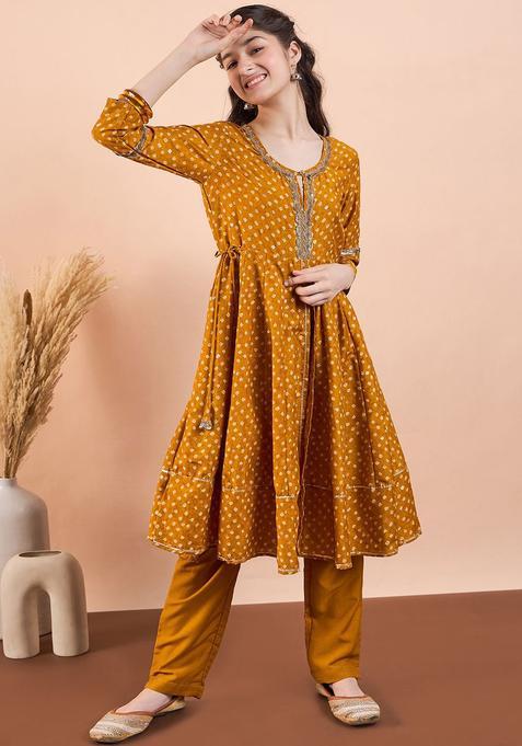 Yellow Printed Polyester Kurta Set For Girls — view on Indya