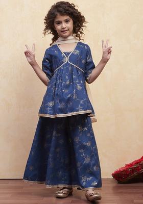 Blue Printed Polyester Kurta Set For Girls