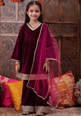 Burgundy Solid Velvet Kurta Set For Girls