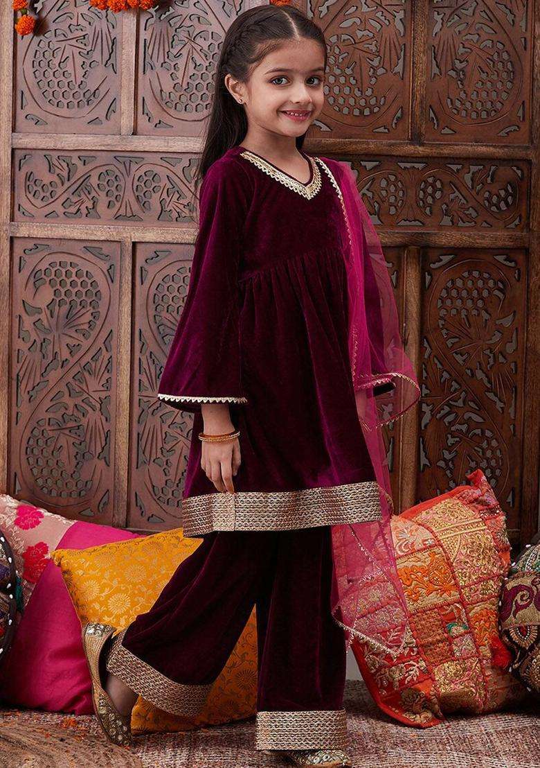 Burgundy Solid Velvet Kurta Set For Girls - Indya