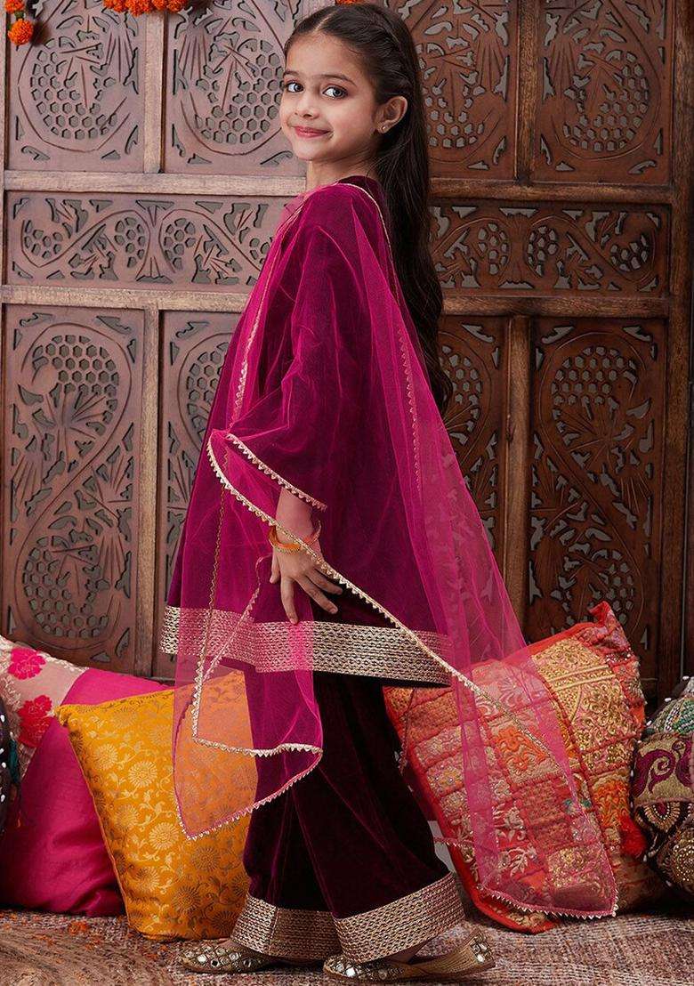 Burgundy Solid Velvet Kurta Set For Girls - Indya