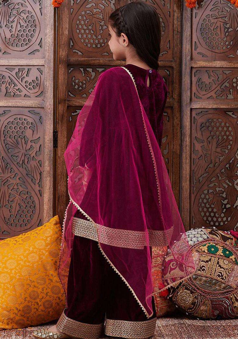 Burgundy Solid Velvet Kurta Set For Girls - Indya