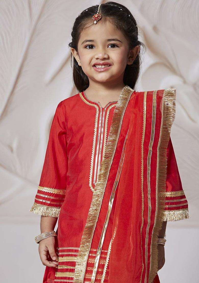 Red Yoke Design Silk Kurta Set For Girls - Indya