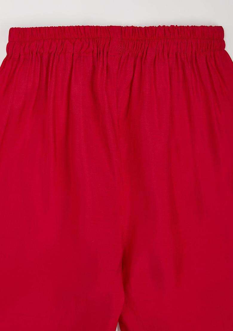 Red Yoke Design Silk Kurta Set For Girls - Indya