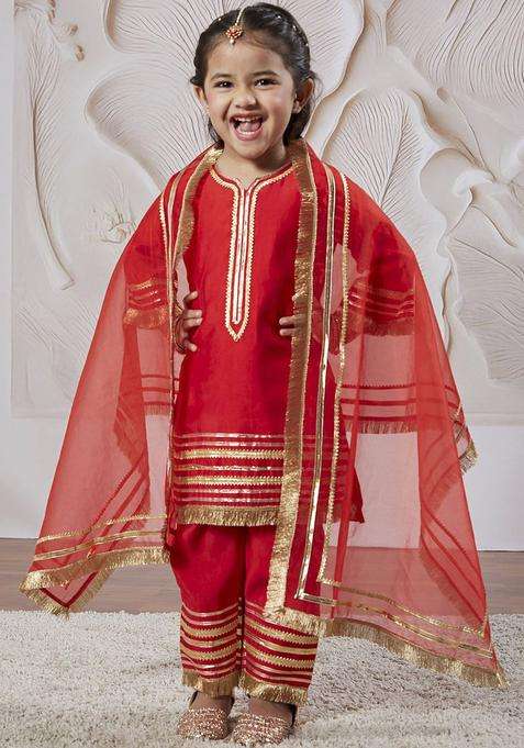 Red Yoke Design Silk Kurta Set For Girls