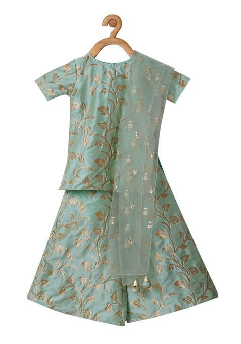 Green Self Design Silk Kurta Set For Girls — view on Indya