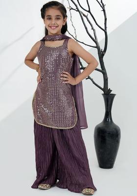 Purple Embroidered Georgette Kurta Set For Girls