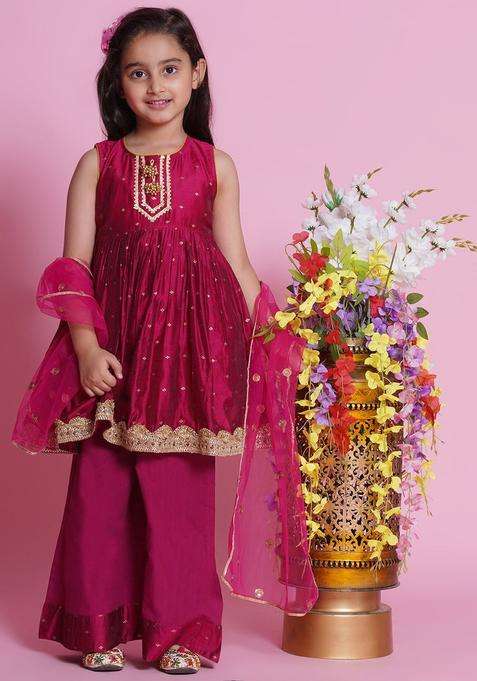 Pink Embroidered Cotton Kurta Set For Girls