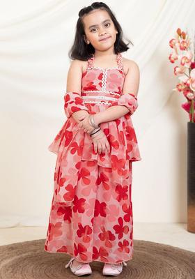 Red Printed Georgette Kurta Set For Girls