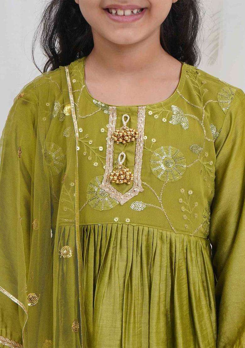 Green Embroidered Cotton Kurta Set For Girls - Indya