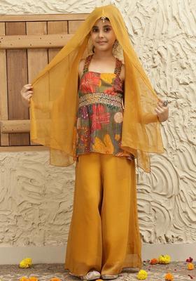 Yellow Printed Georgette Kurta Set For Girls
