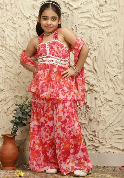 Pink Printed Polyester Kurta Set For Girls — view on Indya