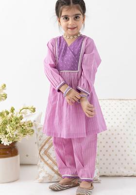 Purple Striped Cotton Kurta Set For Girls