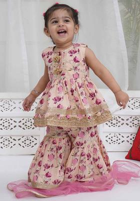Peach Printed Cotton Kurta Set For Girls