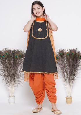 Black Printed Cotton Kurta Set For Girls