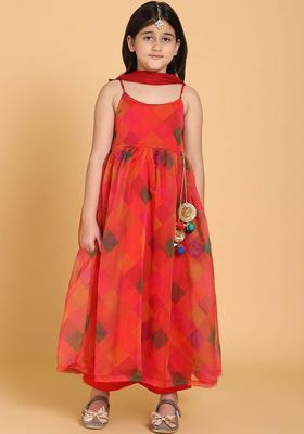 Red Printed Organza Kurta Set For Girls