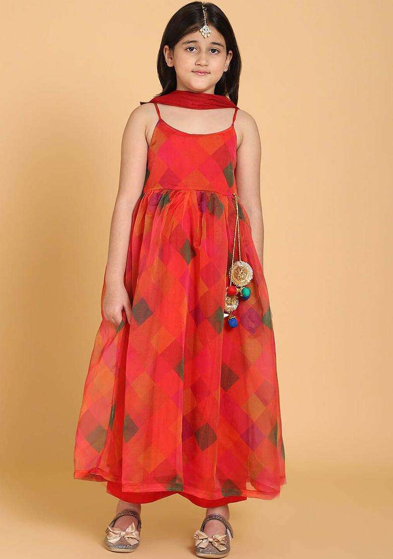 Red Printed Organza Kurta Set For Girls - Indya