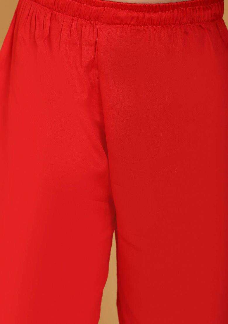 Red Printed Organza Kurta Set For Girls - Indya