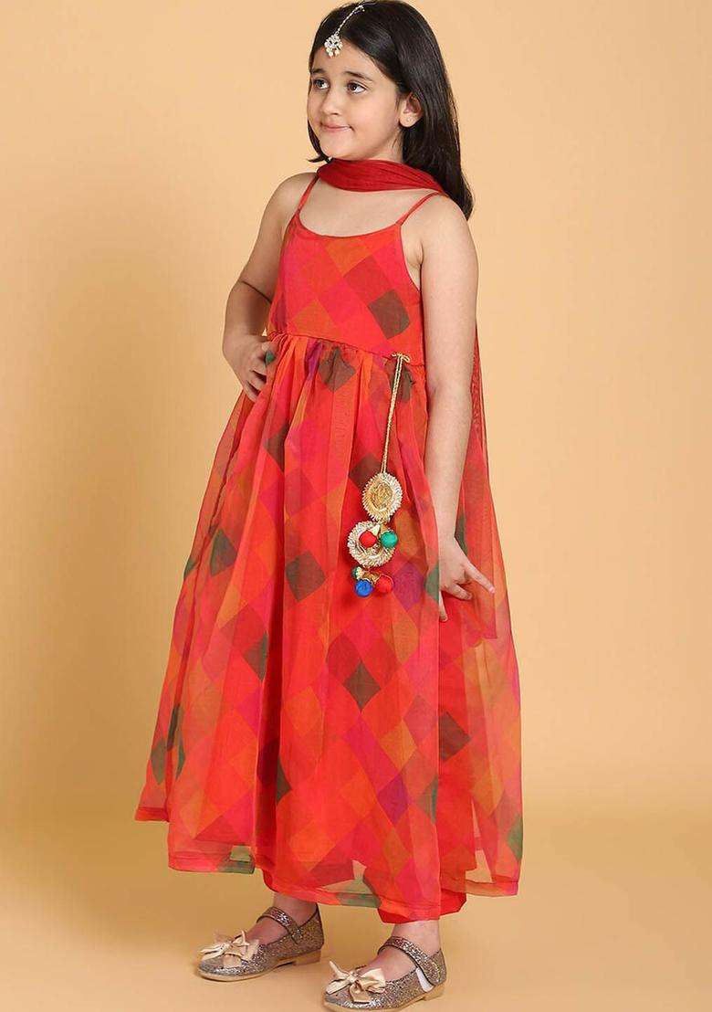 Red Printed Organza Kurta Set For Girls - Indya