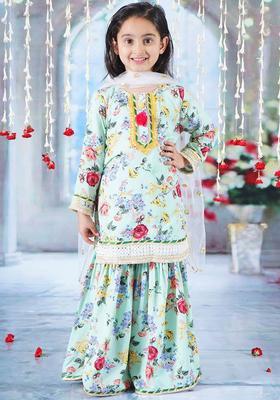 Green Printed Cotton Kurta Set For Girls