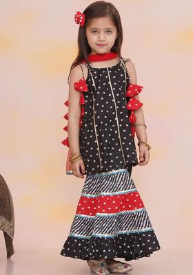 Black Printed Cotton Kurta Set For Girls