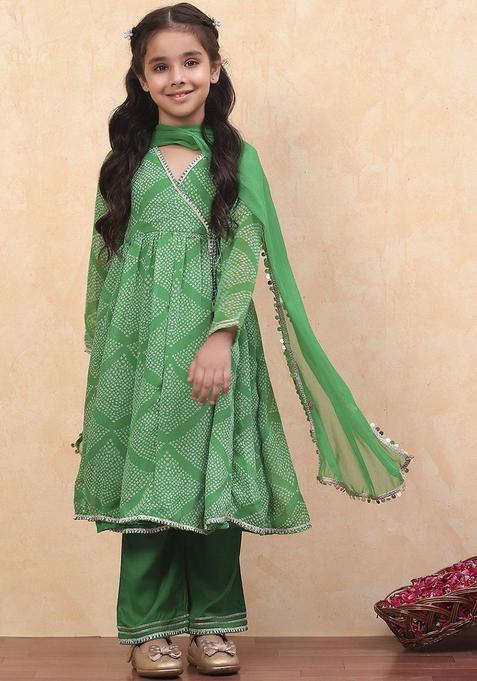 Green Printed Polyester Kurta Set For Girls — view on Indya