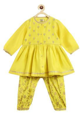 Yellow Embroidered Silk Kurta Set For Girls