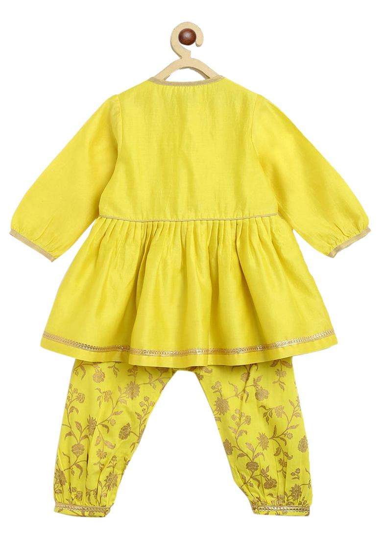 Yellow Embroidered Silk Kurta Set For Girls - Indya