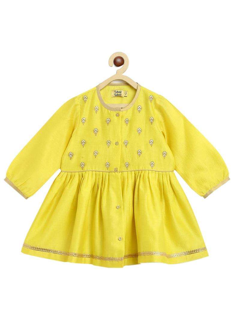 Yellow Embroidered Silk Kurta Set For Girls - Indya