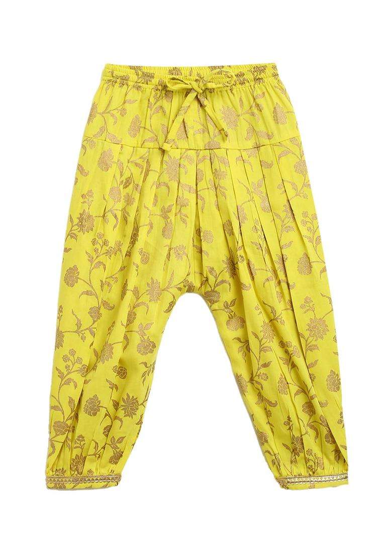Yellow Embroidered Silk Kurta Set For Girls - Indya