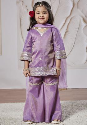 Lavender Embroidered Tissue Kurta Set For Girls
