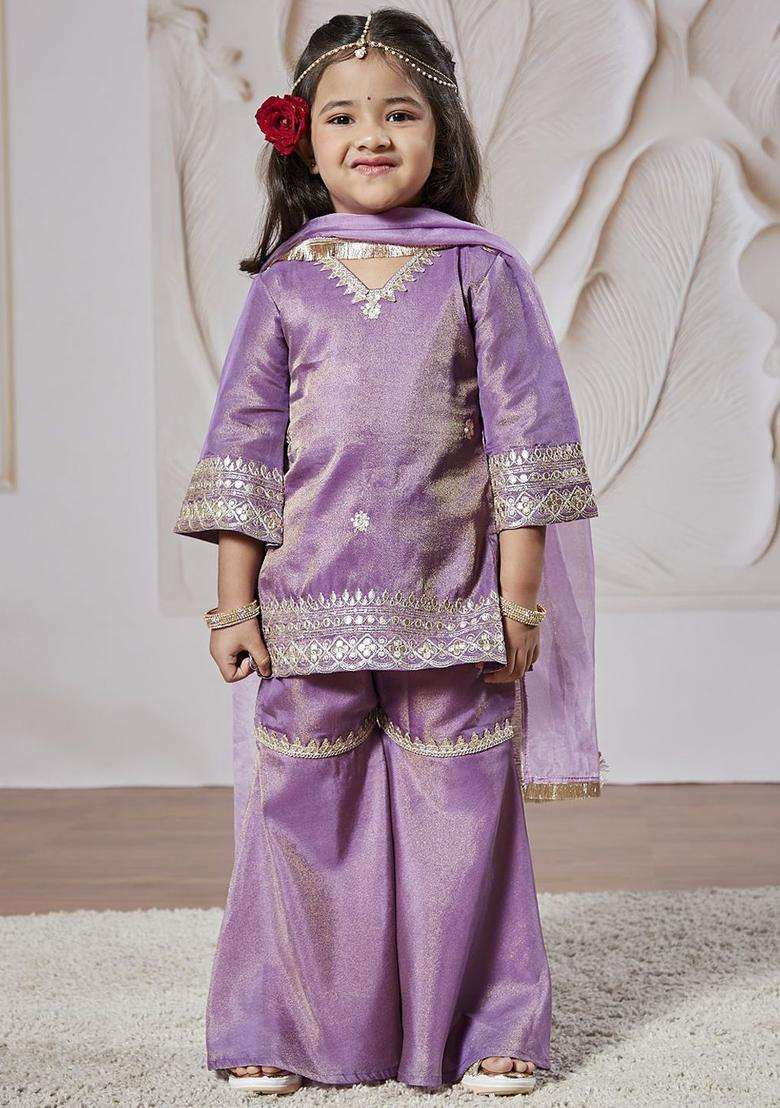 Lavender Embroidered Tissue Kurta Set For Girls - Indya