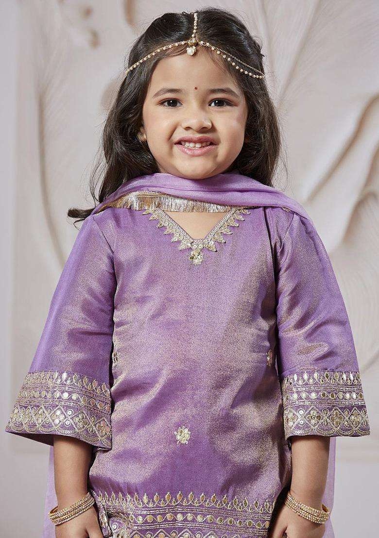 Lavender Embroidered Tissue Kurta Set For Girls - Indya