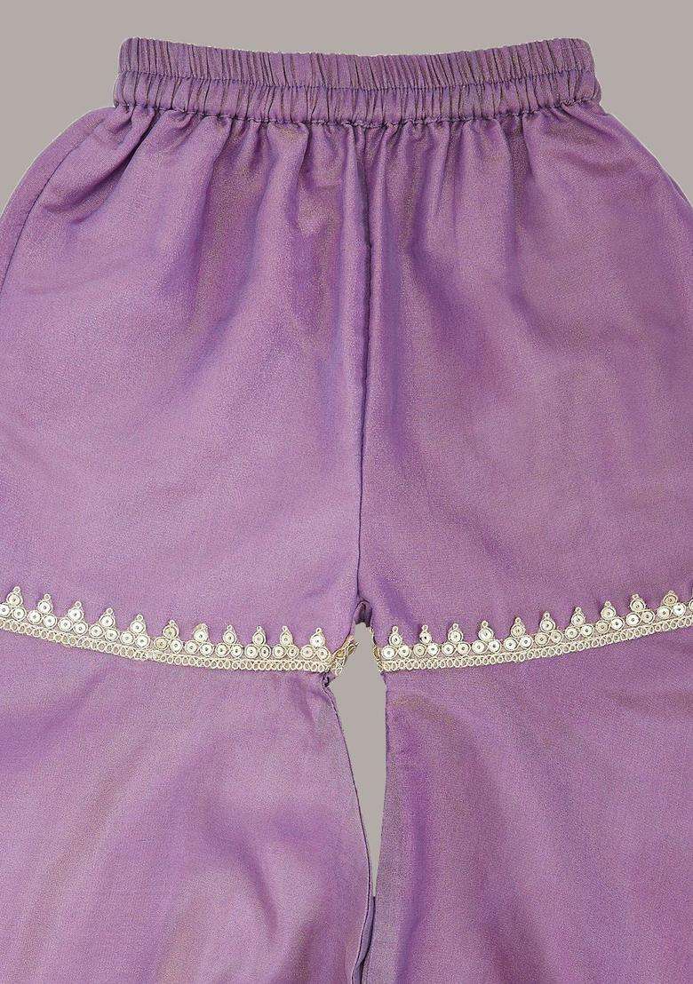 Lavender Embroidered Tissue Kurta Set For Girls - Indya