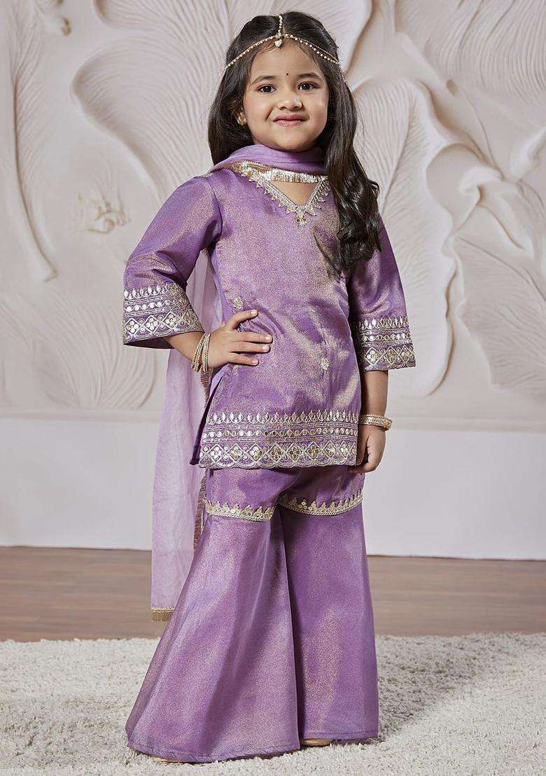Lavender Embroidered Tissue Kurta Set For Girls - Indya