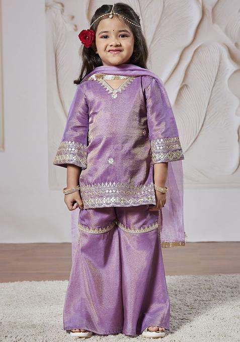 Lavender Embroidered Tissue Kurta Set For Girls