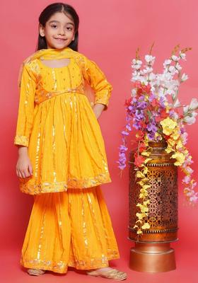 Yellow Embroidered Cotton Kurta Set For Girls