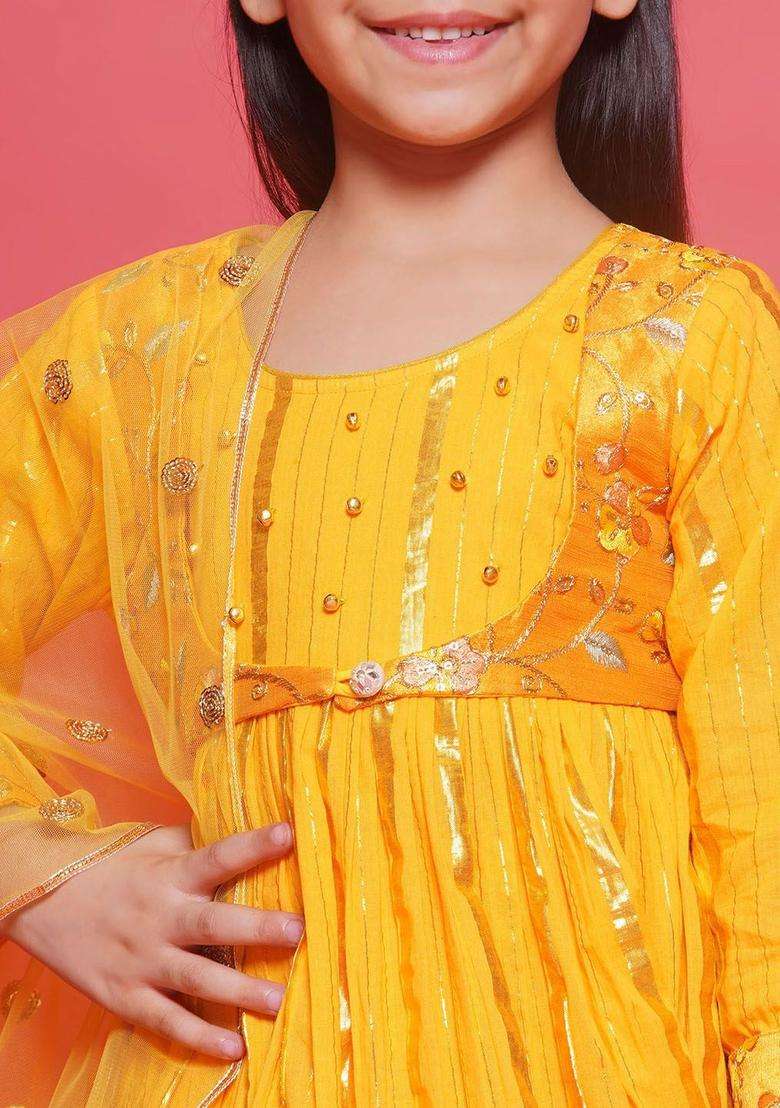 Yellow Embroidered Cotton Kurta Set For Girls - Indya